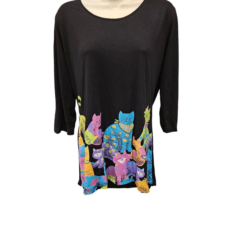 Mac & Belle neon Colorful Graphic Kitty Pullover cat themed Black Knit Tunic M +